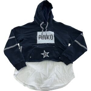 Pinko Hoodie Womens Medium Blue White Rhinestone Star Mixed Media Pullover